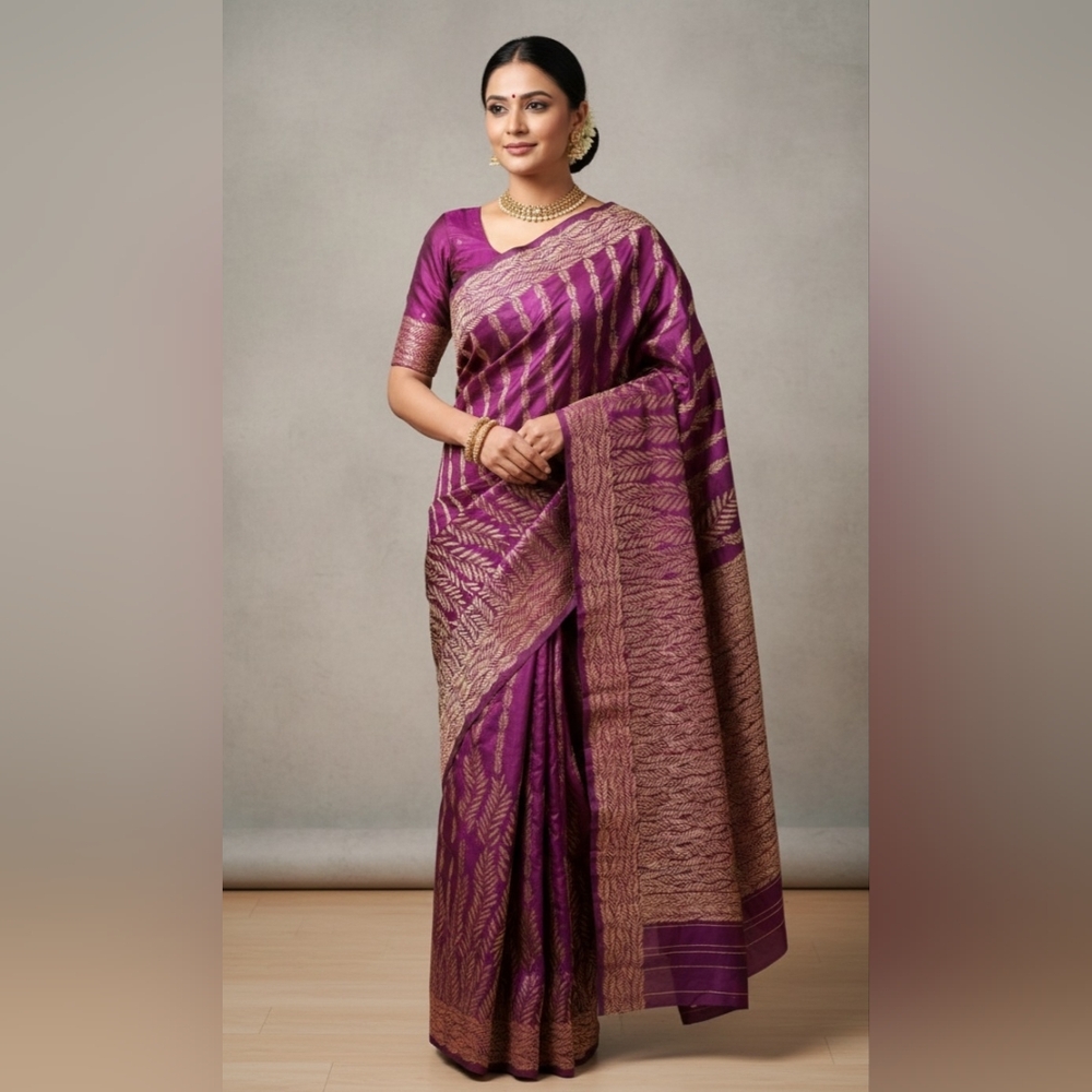 Women Pure Silk Kantha Stich Saree Handloom Festive Royal Designer